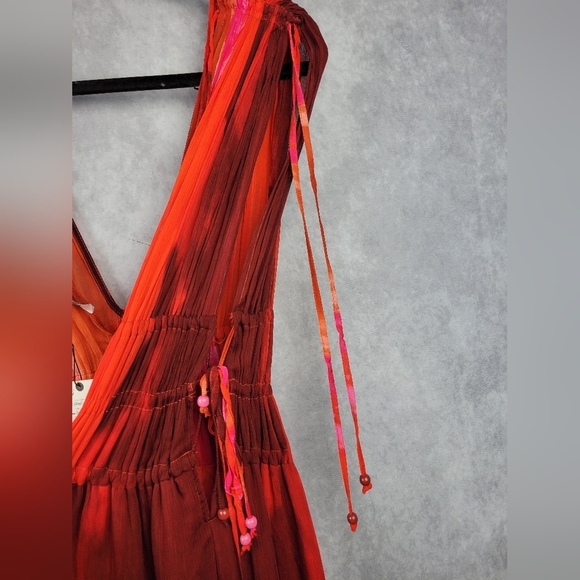 Zara Viscose Ombre Pleated V-neck Side/Shoulder ties Lined Maxi Dress Size XL - Picture 10 of 13